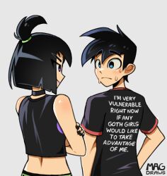 Rule 34 | 1boy, 1girl, artist name, back peek, black choker, black hair, black nails, black shirt, blue eyes, blunt ends, blush, bob cut, choker, closed mouth, clothes writing, commentary, crop top, crossed arms, daniel fenton, danny phantom, english commentary, english text, eye contact, facing away, from behind, goth fashion, grey background, hand on own arm, highres, light frown, looking at another, mag (magdraws), nervous, nervous sweating, purple eyes, purple lips, raised eyebrows, sam manson, shiny skin, shirt, short hair, signature, simple background, sleeveless, sleeveless shirt, smile, spiked hair, spine, standing, sweat, t-shirt, thick eyebrows, topknot, turning head, wide-eyed