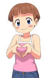 Rule 34 | 1girl, blue eyes, blush, brown hair, camisole, child, denim, female focus, heart, heart hands, jkt (sheltem), looking at viewer, original, pink camisole, short hair, simple background, smile, solo, white background