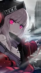 Rule 34 | 2girls, arknights, beanie, black headwear, blurry, blurry background, building, city, clenched teeth, denken, depth of field, detached collar, frostleaf (arknights), frostnova (arknights), glowing, glowing eyes, grey shirt, hat, headphones, highres, jacket, looking at viewer, material growth, medium hair, multiple girls, off-shoulder shirt, off shoulder, oripathy lesion (arknights), outdoors, red hair, red jacket, shirt, silhouette, silver hair, snow, solo focus, staff, teeth, upper body, weapon