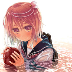 Rule 34 | 10s, 1girl, ahoge, blush, i-58 (kancolle), kantai collection, looking at viewer, open mouth, partially submerged, pink hair, red eyes, school swimsuit, school uniform, serafuku, short hair, solo, swimsuit, swimsuit under clothes, takanashi, torpedo, type 95 torpedo, water, wet