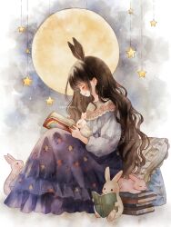 Rule 34 | 1girl, animal, animal ears, black hair, blush, book, book stack, closed eyes, commentary, curly hair, frilled skirt, frills, from side, ginniroya, highres, holding, holding book, long hair, long skirt, long sleeves, moon, open book, open mouth, original, patterned clothing, pillow, purple skirt, rabbit, rabbit ears, shirt, sitting, skirt, solo, star (sky), star (symbol), twitter username, very long hair, watermark, white shirt