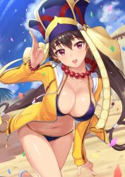 Rule 34 | 1girl, bead bracelet, beads, bikini, blue bikini, blue sky, blush, bracelet, breasts, brown hair, cleavage, collarbone, commentary request, confetti, day, earrings, fate/grand order, fate (series), hat, headdress, highres, hip focus, hood, hoodie, hoop earrings, jacket, jewelry, large breasts, long hair, looking at viewer, navel, open clothes, open jacket, open mouth, outdoors, prayer beads, purple eyes, shiny skin, sky, smile, solo, sweat, swimsuit, tamakaga, thighs, xuangzang sanzang (fate), yellow jacket