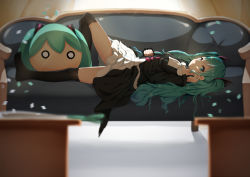 Rule 34 | 1girl, absurdres, black thighhighs, blurry, couch, depth of field, dragon xiuluo, dress, green eyes, green hair, hatsune miku, highres, long hair, lying, matching hair/eyes, o o, on back, smile, solo, spring onion, thighhighs, twintails, very long hair, vocaloid