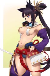 Rule 34 | 1girl, absurdres, armor, asymmetrical sleeves, bare shoulders, black hair, black hat, blue eyes, blue panties, blush, breasts, commentary request, detached sleeves, fate/grand order, fate (series), from side, gradient background, hat, highres, holding, holding sword, holding weapon, jampen, japanese armor, kusazuri, long hair, long sleeves, looking at viewer, medium breasts, mismatched sleeves, navel, panties, parted bangs, pom pom (clothes), revealing clothes, side ponytail, smile, solo, sword, underwear, ushiwakamaru (fate), very long hair, weapon
