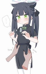 Rule 34 | ..., 1girl, 1other, :&lt;, animal ear fluff, animal ears, black dress, black hair, black ribbon, blue archive, blush, china dress, chinese clothes, commentary request, cowboy shot, disembodied limb, dot nose, dress, flat chest, green eyes, hair ribbon, halo, hands up, highres, long hair, looking at another, munakyomu, ribbon, short sleeves, shun (blue archive), shun (small) (blue archive), side slit, sidelocks, spoken ellipsis, sweat, thighhighs, thighs, twintails, white background, white thighhighs