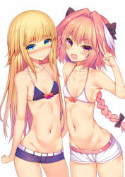 Rule 34 | 2boys, :d, absurdres, androgynous, arm at side, astolfo (fate), bare arms, bare shoulders, belt, belt buckle, bikini, bikini top only, black bow, blue bikini, blue eyes, blue shorts, blunt bangs, blush, bow, bow bikini, braid, buckle, chevalier d&#039;eon (fate), closed mouth, collarbone, commentary request, covered erect nipples, embarrassed, fang, fate/apocrypha, fate/grand order, fate (series), gradient eyes, gradient hair, green eyes, groin, hair between eyes, hair bow, hair intakes, hair ornament, hair ribbon, halterneck, hand up, highres, legs apart, long hair, looking at viewer, multicolored eyes, multicolored hair, multiple boys, navel, open mouth, orange eyes, pink belt, pink hair, red bow, ribbon, short shorts, shorts, side-by-side, sidelocks, simple background, single braid, smile, standing, stomach, streaked hair, suteba (grzjkbhgf), swimsuit, trap, two-tone hair, v, very long hair, wavy mouth, white background, white belt, white bikini, white hair, white shorts
