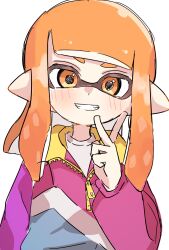 Rule 34 | 1girl, blush, grin, highres, inkling, inkling girl, inkling player character, jacket, long hair, multicolored clothes, multicolored jacket, nintendo, orange eyes, orange hair, pointy ears, shirt, sif ly, smile, solo, splatoon (series), teeth, tentacle hair, upper body, v, white background, white shirt, zipper, zipper pull tab