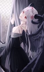 Rule 34 | 1girl, black wings, demon girl, highres, horns, long hair, looking back, open mouth, original, red eyes, solo, white hair, wings, yuyo (i iuyo)