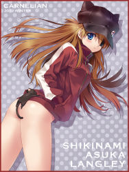 Rule 34 | 10s, 1girl, 2012, artist name, ass, bad id, bad pixiv id, badge, blue eyes, blush, border, bottomless, brown hair, carnelian, cat, character name, evangelion: 3.0 you can (not) redo, eyepatch, hand in pocket, hat, jacket, long hair, looking at viewer, naked jacket, neon genesis evangelion, no panties, polka dot, polka dot background, rebuild of evangelion, solo, souryuu asuka langley, track jacket