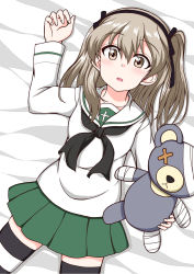 Rule 34 | 1girl, alternate costume, bandages, bed sheet, black neckerchief, black ribbon, black thighhighs, blouse, blush, boko (girls und panzer), brown eyes, commentary, from above, girls und panzer, green skirt, hair ribbon, highres, holding, holding stuffed toy, ikuno (ramaki4kan), light blush, light brown hair, long hair, long sleeves, looking at viewer, lying, miniskirt, neckerchief, on back, on bed, one side up, ooarai school uniform, open mouth, pleated skirt, ribbon, school uniform, serafuku, shimada arisu, shirt, skirt, solo, striped clothes, striped thighhighs, stuffed animal, stuffed toy, teddy bear, thighhighs, white shirt