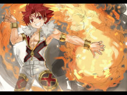 Rule 34 | 1boy, appllo (shinrabanshou), armlet, bracelet, child, fang, fire, fireball, grin, jewelry, lots of jewelry, male focus, muscular, pants, red eyes, red hair, shinrabanshou, sleeveless, sleeveless vest, smile, solo, tattoo, vest, waseda adesaw