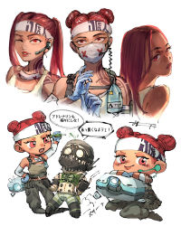 Rule 34 | 1boy, 1girl, alternate hairstyle, animification, annoyed, apex legends, arm tattoo, black gloves, blue gloves, cable, chibi, collarbone, d.o.c. health drone, dark-skinned female, dark skin, detached sleeves, double bun, fingerless gloves, gloves, hair behind ear, hair bun, headband, headset, highres, kneeling, lifeline (apex legends), long hair, m/, mask, mouth mask, multiple views, neko juu, octane (apex legends), one eye closed, open mouth, red eyes, robot, smile, speech bubble, tattoo, translation request, twintails, white headband