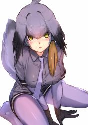 Rule 34 | 10s, 1girl, absurdres, akasaai, black gloves, black hair, blush, breast pocket, breasts, from above, gloves, grey hair, grey shirt, hair ornament, head wings, highres, kemono friends, large breasts, leaning forward, lips, long hair, looking at viewer, low ponytail, multicolored hair, open mouth, pantyhose, pocket, shirt, shoebill (kemono friends), short sleeves, side ponytail, simple background, sitting, solo, white background, wings, yellow eyes