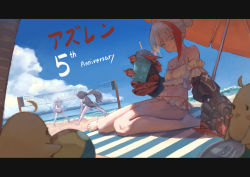 Rule 34 | 3girls, admiral graf spee (azur lane), alternate hairstyle, azur lane, ball, bare legs, bare shoulders, barefoot, beach, beach umbrella, beach volleyball, beachball, bikini, black hair, blanket, blue eyes, blue sky, breasts, can, character request, chinese commentary, cloud, collarbone, commentary request, day, deutschland (azur lane), deutschland (service time?!) (azur lane), drink, drink can, drinking straw, feet, frilled bikini, frills, hair bun, holding, holding drink, letterboxed, looking at another, looking at viewer, low twintails, manjuu (azur lane), mechanical arms, multicolored hair, multiple girls, navel, ocean, others (gogo-o), outdoors, purple hair, red hair, sand, shadow, short hair, sitting, sky, small breasts, soda can, stomach, streaked hair, sunlight, swimsuit, thighs, toes, twintails, umbrella, volleyball, volleyball (object), volleyball net, wariza, water, white hair