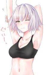 Rule 34 | 1girl, ahoge, armpits, arms up, bad id, bad pixiv id, blush, breasts, cleavage, closed mouth, collarbone, fate/grand order, fate (series), highres, jeanne d&#039;arc (fate), jeanne d&#039;arc alter (avenger) (fate), jeanne d&#039;arc alter (fate), looking at viewer, medium breasts, navel, one eye closed, rossa (pixiv27548922), short hair, silver hair, simple background, solo, upper body, white background, yellow eyes