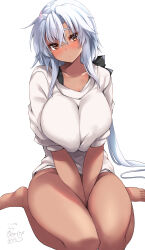 1girl absurdres alternate_costume arms_between_legs bottomless breasts brown_eyes dark-skinned_female dark_skin grey-framed_eyewear grey_hair hair_between_eyes highres huge_breasts kantai_collection long_hair looking_at_viewer mashiro_yukiya musashi_(kancolle) musashi_kai_ni_(kancolle) no_panties rectangular_eyewear semi-rimless_eyewear shirt sitting solo twintails very_long_hair wariza white_shirt