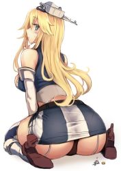 Rule 34 | 3girls, ass, asymmetrical legwear, backboob, black panties, blonde hair, blue eyes, blush, breasts, elbow gloves, fairy (kancolle), from behind, garter straps, giant, giantess, gloves, hat, iowa (kancolle), kantai collection, large breasts, long hair, looking back, miniskirt, mismatched legwear, multiple girls, panties, rudder footwear, simple background, sitting, size difference, skirt, solo focus, star-shaped pupils, star (symbol), striped clothes, striped skirt, symbol-shaped pupils, thighhighs, underwear, utopia, wariza, white background, white gloves