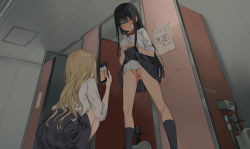 Rule 34 | 2girls, absurdres, black hair, black skirt, blonde hair, blouse, bow, bullying, clothes lift, exhibitionism, highres, humiliation, indoors, lemontyoisy r18, lifted by self, long hair, multiple girls, necktie, no panties, original, public indecency, red bow, school, school uniform, shirt, skirt, skirt lift, squat toilet, standing, toilet, white shirt