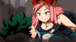 Rule 34 | 10s, 1boy, 1girl, animated, bare shoulders, boku no hero academia, breast press, breasts, cleavage, closed eyes, collarbone, excited, facing another, floor, freckles, gloves, goggles, goggles on head, green eyes, green hair, happy, hatsume mei, indoors, large breasts, long hair, looking at another, lying, lying on person, matching hair/eyes, messy hair, midoriya izuku, on back, on person, on stomach, open mouth, pink hair, room, shirt, short hair, sleeveless, sleeveless shirt, smile, smoke, striped clothes, striped shirt, sweatdrop, symbol-shaped pupils, talking, teeth, tongue, wall, yellow eyes