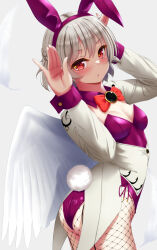 Rule 34 | 1girl, adapted costume, animal ears, ass, bad anatomy, blush, bow, bowtie, braid, breasts, cleavage, commentary request, cowboy shot, detached collar, feathered wings, fishnet pantyhose, fishnets, from side, hair between eyes, highres, indica, jacket, kishin sagume, leaning back, leaning forward, leotard, leotard under clothes, looking at viewer, looking back, medium hair, pantyhose, parted lips, purple leotard, rabbit ears, rabbit pose, rabbit tail, red bow, red bowtie, red eyes, single wing, small breasts, solo, tail, touhou, white hair, white wings, wings