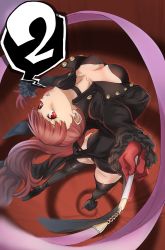 Rule 34 | 1girl, ass, black jacket, black thighhighs, bow, breasts, from above, gloves, hair ornament, highres, jacket, kurosususu, leotard, long hair, looking at viewer, matching hair/eyes, medium breasts, parted lips, persona, persona 5, persona 5 the royal, ponytail, red eyes, red gloves, red hair, sideboob, smile, solo, spoken number, thighhighs, yoshizawa kasumi