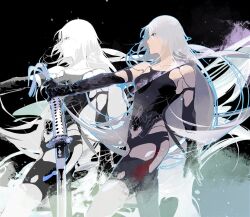 Rule 34 | 1girl, android, armlet, asymmetrical legwear, black background, black gloves, black shorts, black tank top, black thighhighs, blue outline, breasts, cofffee, elbow gloves, floating hair, gloves, grey eyes, holding, holding sword, holding weapon, joints, katana, light particles, long hair, medium breasts, mismatched legwear, mole, mole under mouth, nier:automata, nier (series), outline, robot joints, short shorts, shorts, single thighhigh, solo, sword, tank top, thighhighs, very long hair, virtuous contract, weapon, white hair, a2 (nier:automata), zoom layer