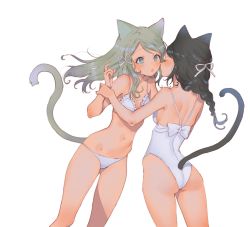Rule 34 | 2girls, :o, absurdres, animal ears, arutera, bad id, bad twitter id, bikini, blue eyes, bow, braid, breasts, bright pupils, casual one-piece swimsuit, cat ears, cat tail, closed eyes, cowboy shot, female focus, frilled bikini, frilled bikini top, frills, hair ribbon, highres, holding another&#039;s wrist, imminent kiss, light brown hair, long hair, medium hair, midriff, multiple girls, navel, one-piece swimsuit, open mouth, original, ribbon, sideboob, simple background, small breasts, swept bangs, swimsuit, tail, white background, white bikini, white bow, white pupils, yuri