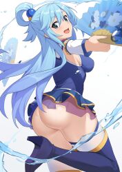 Rule 34 | 1girl, absurdres, aqua (konosuba), ass, blue eyes, blue footwear, blue hair, blue shirt, blue skirt, blush, boots, breasts, commentary request, detached sleeves, from side, hair between eyes, hair ornament, hand fan, high heel boots, high heels, highres, holding, holding fan, kono subarashii sekai ni shukufuku wo!, long hair, looking at viewer, medium breasts, miniskirt, no panties, open mouth, outstretched arms, shirt, shoe soles, simple background, single hair ring, skirt, sleeveless, sleeveless shirt, smile, solo, spread arms, standing, standing on one leg, thigh boots, thighhighs, thighhighs under boots, turning head, underbutt, very long hair, water, white background, white sleeves, white thighhighs, xubai