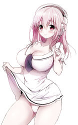 Rule 34 | 1girl, akina tsukako, blush, breasts, cleavage, clothes lift, dress, dress lift, headphones, large breasts, long hair, nitroplus, panties, pink hair, red eyes, short dress, simple background, smile, solo, super sonico, underwear, white background, white panties