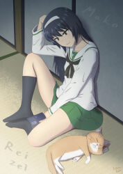 Rule 34 | 1girl, artist name, black hair, black neckerchief, black socks, blouse, book, brown eyes, butterfly sitting, cat, character name, closed mouth, commentary, female focus, full body, girls und panzer, hairband, hand on own head, highres, holding, holding book, indoors, lettuce-labo, long hair, long sleeves, looking at another, miniskirt, neckerchief, ooarai school uniform, pleated skirt, reizei mako, sailor collar, school uniform, serafuku, shirt, signature, sitting, skirt, smile, socks, solo, tatami, white hairband, white sailor collar, white shirt