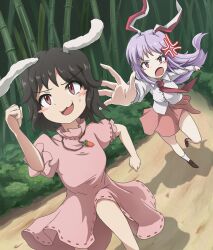 Rule 34 | 2girls, :3, anger vein, animal ears, bamboo, bamboo forest, black hair, blush, blush stickers, breasts, brown footwear, clenched hands, collared shirt, commentary request, dress, feet out of frame, fleeing, floppy ears, forest, frilled sleeves, frills, full body, gurina 15, highres, inaba tewi, light purple hair, loafers, long hair, long sleeves, medium breasts, multiple girls, nature, necktie, new year, official style, open mouth, outdoors, parody, phantasmagoria of flower view, pink dress, pink skirt, puffy short sleeves, puffy sleeves, purple hair, rabbit ears, rabbit girl, reaching, red eyes, red necktie, reisen udongein inaba, ribbon-trimmed dress, running, shirt, shoes, short hair, short sleeves, skirt, smile, socks, style parody, touhou, white shirt, white socks, zun (style)