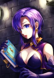 Rule 34 | 1girl, artist name, bad id, bad pixiv id, bangle, bare shoulders, blue eyes, book, bracelet, breasts, brick wall, choker, cleavage, earrings, elbow gloves, fire emblem, fire emblem: the blazing blade, gloves, highres, holding, holding book, jewelry, large breasts, nintendo, parune chigetsu, purple eyes, purple hair, short hair, signature, solo, twitter username, ursula (fire emblem)