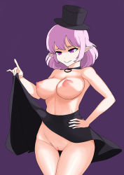 Rule 34 | 1girl, breasts, censored, choker, clothes lift, collarbone, curvy, hand on own hip, hat, large breasts, light smile, lucid (maplestory), maplestory, mini hat, mosaic censoring, nipples, no panties, pack of inu, pink eyes, pink hair, pointy ears, pussy, short hair, skirt, skirt lift, solo, top hat, topless