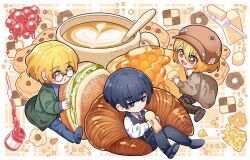 Rule 34 | 1girl, 2boys, black eyes, black hair, black vest, blonde hair, blue pants, blue sweater, brown coat, butter, cheese, coat, coffee, collared shirt, cookie, croissant, cup, don quixote (project moon), food, glasses, gredell elle, green coat, highres, jam, latte art, limbus company, long sleeves, multiple boys, necktie, open mouth, pants, pastry, project moon, red necktie, round eyewear, shirt, short hair, sinclair (project moon), smile, sweater, vest, white shirt, yellow eyes, yi sang (project moon)