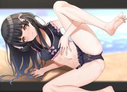 Rule 34 | 1girl, 3:, amrita (amber78gou), ass, bare legs, bare shoulders, barefoot, bikini, black bikini, black hair, blurry, blush, breasts, brown eyes, cleavage, closed mouth, collarbone, commentary request, crop top, feet, frilled bikini, frills, hair ribbon, heart, highres, idolmaster, idolmaster shiny colors, long hair, looking at viewer, mayuzumi fuyuko, navel, ribbon, small breasts, soles, solo, spread legs, stomach, suggestive fluid, swimsuit, thighs, toes, two side up