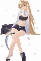 Rule 34 | 1girl, absurdres, arknights, bag, bare legs, black footwear, black shorts, blonde hair, breasts, cleavage, commentary request, crop top, head tilt, highres, indigo (arknights), long hair, long sleeves, looking at viewer, midriff, nakatsuka123, navel, one side up, purple eyes, shoes, short shorts, shorts, shrug (clothing), simple background, sitting, small breasts, sneakers, solo, sports bra, stomach, tail, thigh strap, thighs, very long hair, white background