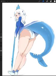 Rule 34 | ass, blue eyes, blue hair, blush, fins, fish tail, from behind, from below, full body, gawr gura, highres, hololive, hololive english, hood, hoodie, looking back, marumaru2820, multicolored hair, panties, polearm, shark tail, shoes, standing, streaked hair, tail, trident, underwear, virtual youtuber, weapon, white hair, white panties