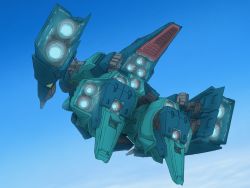 Rule 34 | clenched hands, flying, from behind, gaplant, glowing, gundam, highres, mecha, mecha kaku man, mobile suit, robot, science fiction, sky, solo, thrusters, zeta gundam