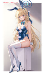 Rule 34 | animal ears, blonde hair, blue archive, blue eyes, blue leotard, bow, bowtie, breasts, case, detached collar, fake animal ears, halo, high heels, leotard, long hair, looking at viewer, medium breasts, official alternate costume, playboy bunny, rabbit ears, sebu illust, sitting, solo, strapless, strapless leotard, thighhighs, toki (blue archive), toki (bunny) (blue archive), very long hair, white thighhighs, wrist cuffs