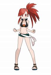 Rule 34 | 10s, 1girl, alternate costume, bikini, creatures (company), flannery (pokemon), game freak, gym leader, halterneck, looking at viewer, mabu (dorisuto), navel, nintendo, official style, pokemon, pokemon oras, sandals, side ponytail, simple background, smile, solo, standing, swimsuit, white background