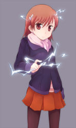 Rule 34 | 1girl, brown eyes, brown hair, coat, electricity, flower, hair ornament, hairpin, misaka mikoto, nae (rno), pantyhose, scarf, skirt, solo, toaru majutsu no index, winter clothes