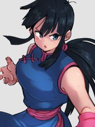 Rule 34 | 1girl, black eyes, black hair, blue dress, breasts, chi-chi (dragon ball), china dress, chinese clothes, dragon ball, dragon ball (classic), dress, fighting stance, grey background, kemachiku, large breasts, long hair, ponytail, simple background, sleeveless, solo