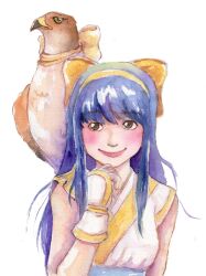 Rule 34 | 1girl, ainu clothes, alternate color, blue hair, blush, breasts, brown eyes, fingerless gloves, gloves, hair ribbon, highres, long hair, looking to the side, mamahaha, nakoruru, ribbon, samurai spirits, small breasts, smile, snk, the king of fighters, traditional media