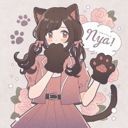 Rule 34 | animal ears, animal hands, asymmetrical bangs, belt, blush, bow, brown belt, brown eyes, brown hair, buckle, cat ears, cat girl, cat paws, cat tail, covered mouth, covering own mouth, curly hair, dot nose, film grain, flower, gloves, grey background, hair bow, hand over own mouth, hand up, highres, leaf, long hair, looking at viewer, nahara saki, nyan, original, paw gloves, paw print, pink bow, pink shirt, pink vest, pleated skirt, polka dot, puffy sleeves, rose, shirt, skirt, solo, sparkle, speech bubble, standing, tail, twintails, upper body, vest, wavy eyes