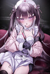 Rule 34 | 1girl, @ @, armband, black armband, black gloves, black thighhighs, blush, breasts, cleavage, collar, commentary request, detached collar, frills, glint, gloves, hair ornament, hat, holding, holding syringe, id card, long hair, long sleeves, looking at viewer, medium breasts, nurse, nurse cap, open mouth, original, pink eyes, pleated skirt, purple hair, sidelocks, sitting, skirt, sleeves past wrists, solo, sweat, syringe, thighhighs, twintails, very long hair, white collar, white hat, white skirt, yunmi 0527