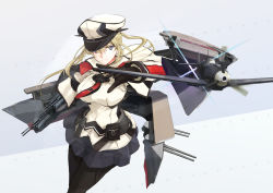 Rule 34 | 10s, 1girl, bf 109, black pantyhose, blonde hair, breasts, capelet, flight deck, frown, gloves, graf zeppelin (kancolle), hat, kantai collection, large breasts, long hair, military, military uniform, necktie, pantyhose, peaked cap, pleated skirt, pouch, simple background, skirt, solo, takeshima satoshi, turret, twintails, uniform