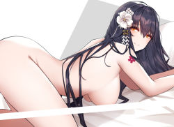 Rule 34 | 1girl, azuma (azur lane), azuma (soft voice of spring) (azur lane), azur lane, bent over, black hair, blush, breasts, brown eyes, censored, censored nipples, commentary request, flower, hair between eyes, hair flower, hair ornament, hairclip, large breasts, long hair, looking at viewer, nude, siu (siu0207), smile, solo, white flower