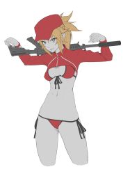 Rule 34 | 1girl, absurdres, arms up, bikini, blonde hair, braid, breasts, colored skin, commentary, english commentary, fate/grand order, fate (series), green eyes, gun, hair between eyes, hat, highres, kuso otoko, long sleeves, looking at viewer, medium breasts, medium hair, mordred (fate), mordred (fate) (all), mordred (fate/apocrypha), mordred (swimsuit rider) (fate), mordred (swimsuit rider) (first ascension) (fate), navel, ponytail, red bikini, red hat, side-tie bikini bottom, simple background, smile, solo, swimsuit, unfinished, weapon, white background