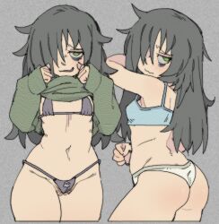 1girl ass bags_under_eyes bikini black_bikini black_hair bra breasts clothes_lift female_pubic_hair green_hair grey_background hair_over_one_eye kuroki_tomoko long_hair messy_hair navel panties pantsu-ripper pubic_hair pussy pussy_peek shirt_lift simple_background small_breasts swimsuit thong underwear watashi_ga_motenai_no_wa_dou_kangaetemo_omaera_ga_warui!