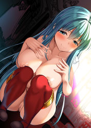 Rule 34 | 1girl, absurdres, ass, backlighting, blue eyes, blue hair, blush, breasts, censored, eirika (fire emblem), fire emblem, grin, highres, large breasts, natsuki shuri, nintendo, nipples, nude, pussy, smile, squatting, thighhighs